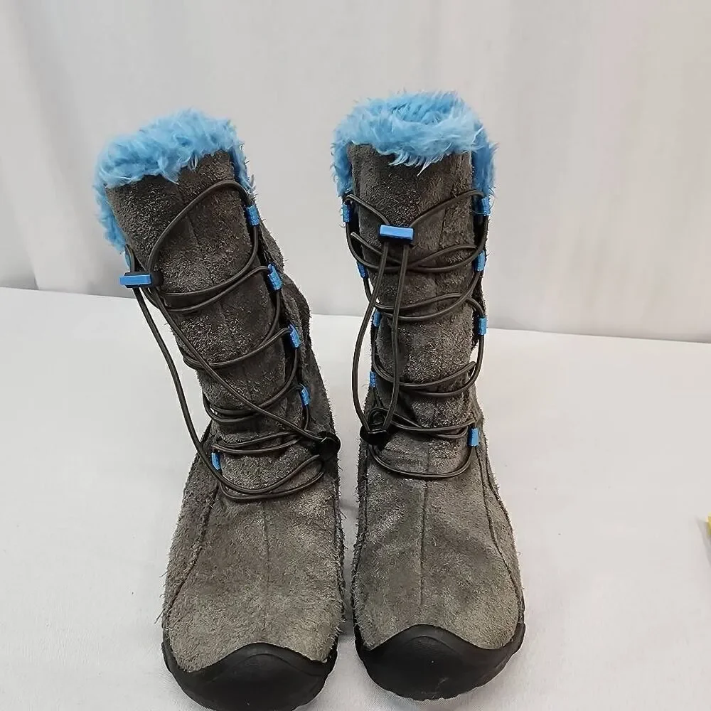 KEEN Brighton Size 4 WP Winter Boot Little Kid/Big Kid Grey Suede Blue  Faux Fur